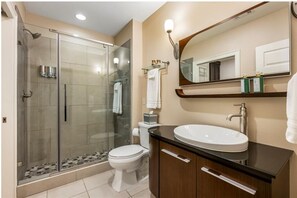 Hair dryer, towels, soap, shampoo