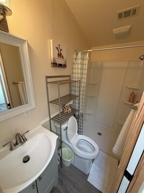 Shower, towels, soap, toilet paper