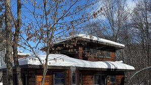 Een houten hut met een met sneeuw bedekte dak, omringd door bomen en een heldere lucht.