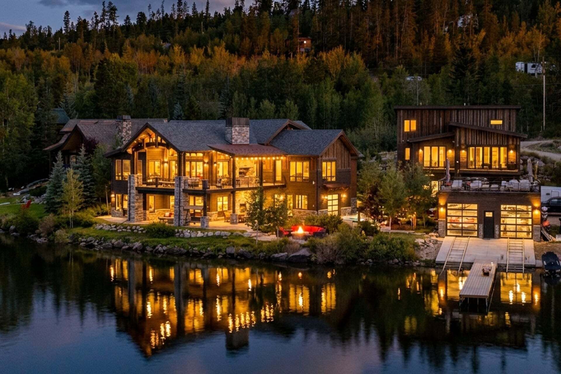 Ein großes, mehrstöckiges Holzhaus mit Steinverkleidung und zahlreichen Fenstern, gelegen an einem See mit einer Anlegestelle.