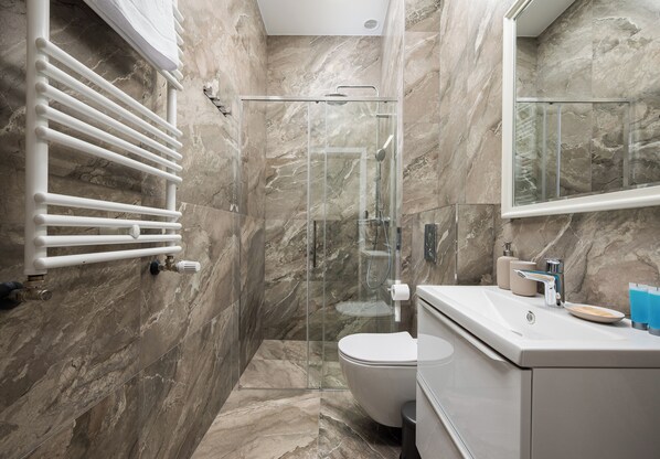 Shower, hair dryer, towels