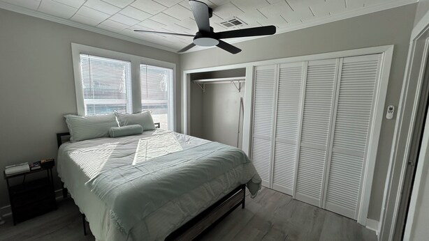 A bedroom with a bed, a ceiling fan, a walk-in closet, and a window with blinds.