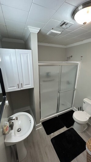 Shower, towels, soap, toilet paper