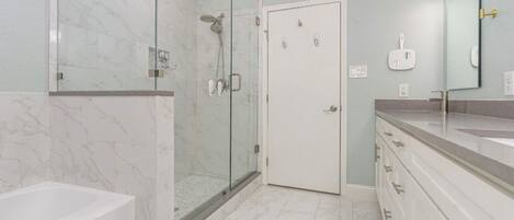 Hair dryer, bidet, towels, soap