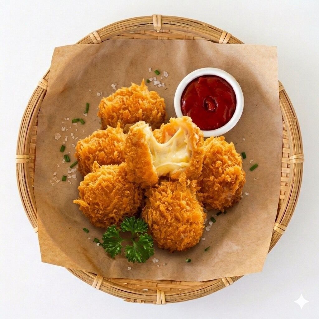 A basket containing breaded and fried food items, garnished with herbs, and accompanied by a small bowl of red sauce.