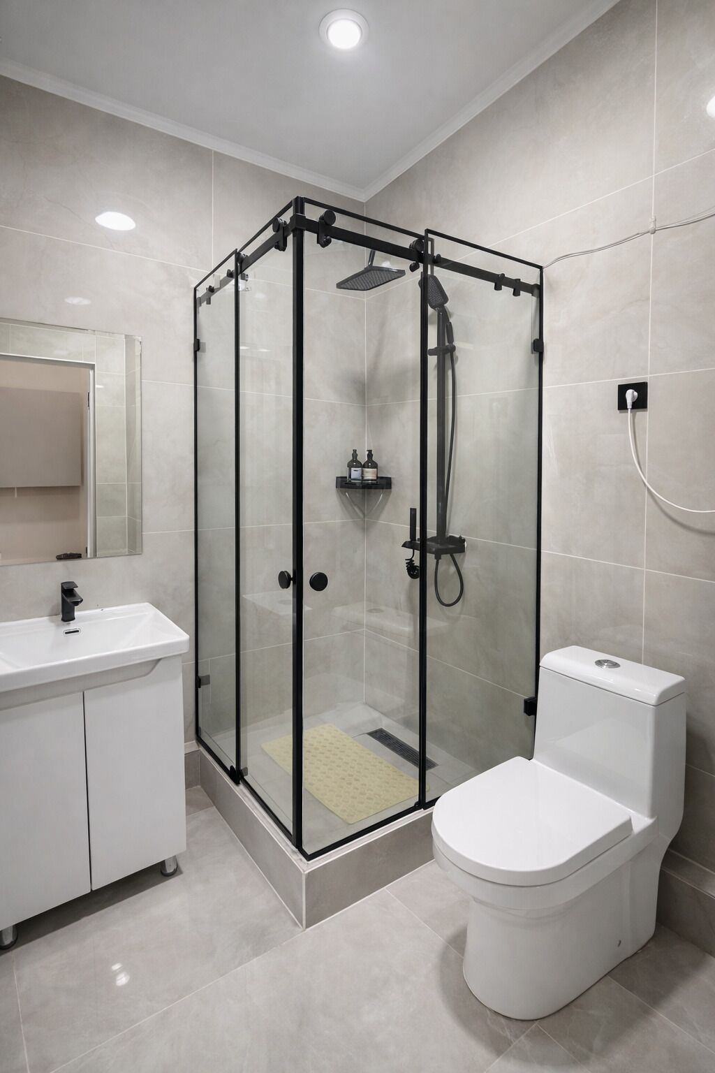 Dusche, Haartrockner, Hausschuhe, Handtücher