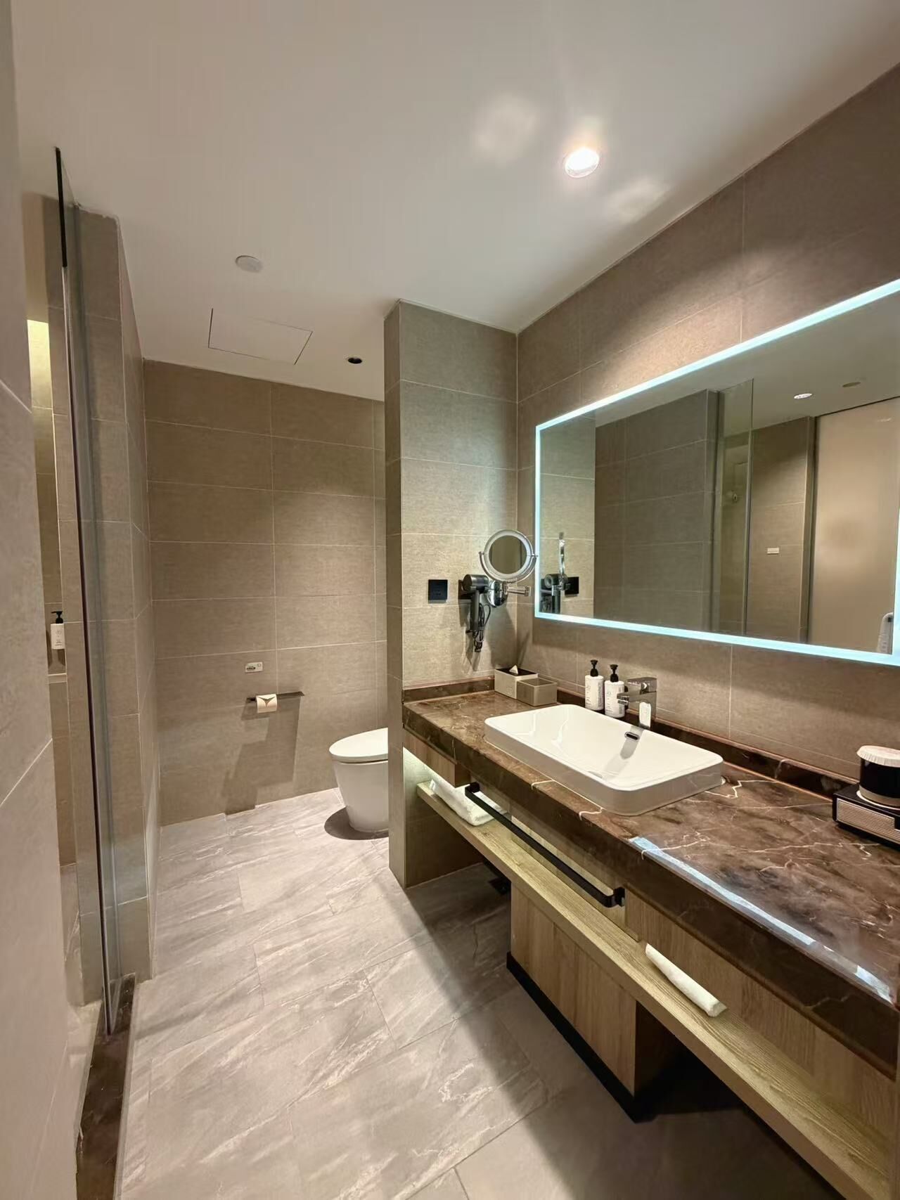 A modern bathroom with a large mirror, two sinks, a toilet, and a shower area.