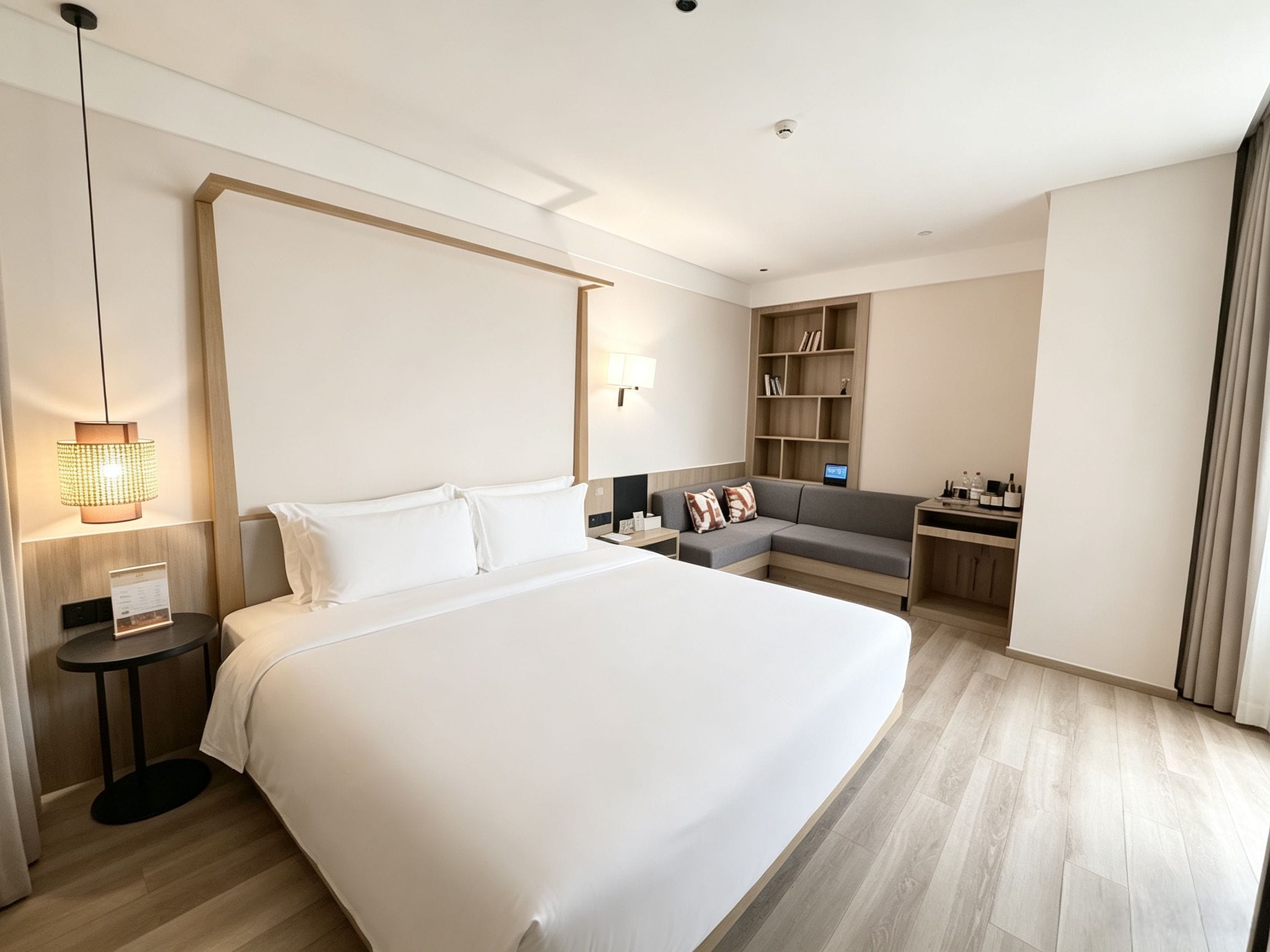 A hotel room with a large bed, a desk, a sofa, a lamp, and a bookshelf.