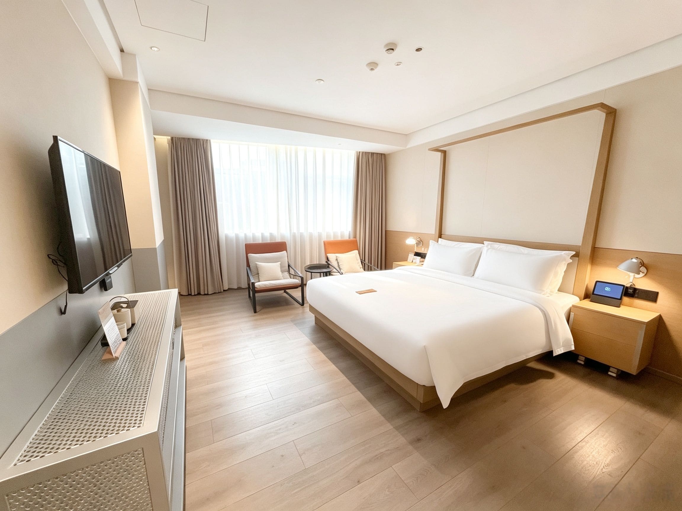 Habitación de hotel con cama, escritorio con televisor de pantalla plana, silla, mesita de noche con lámpara y ventana con cortinas.