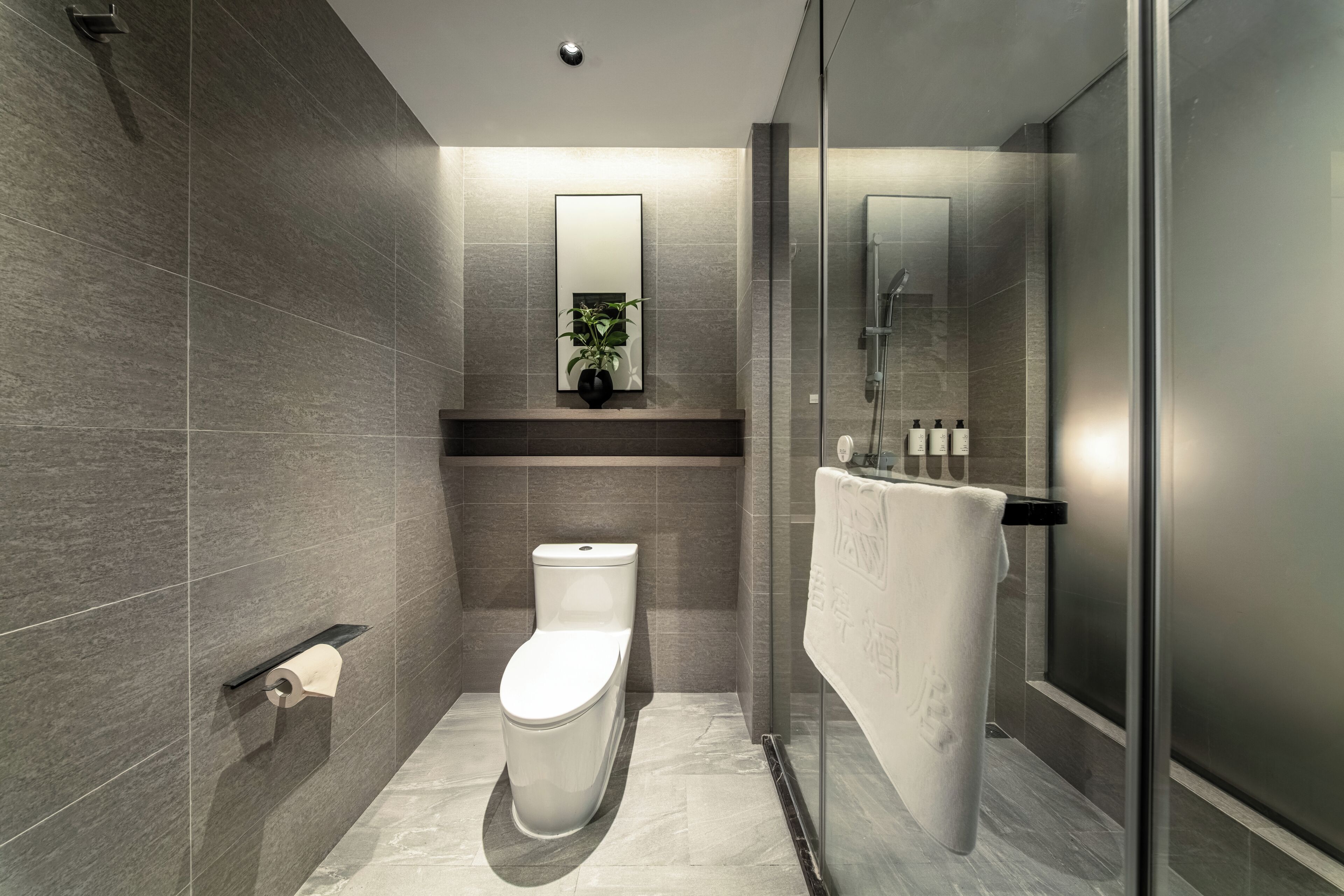 Une salle de bain moderne équipée d’un WC, d’un miroir, d’une douche et d’un porte-serviettes.
