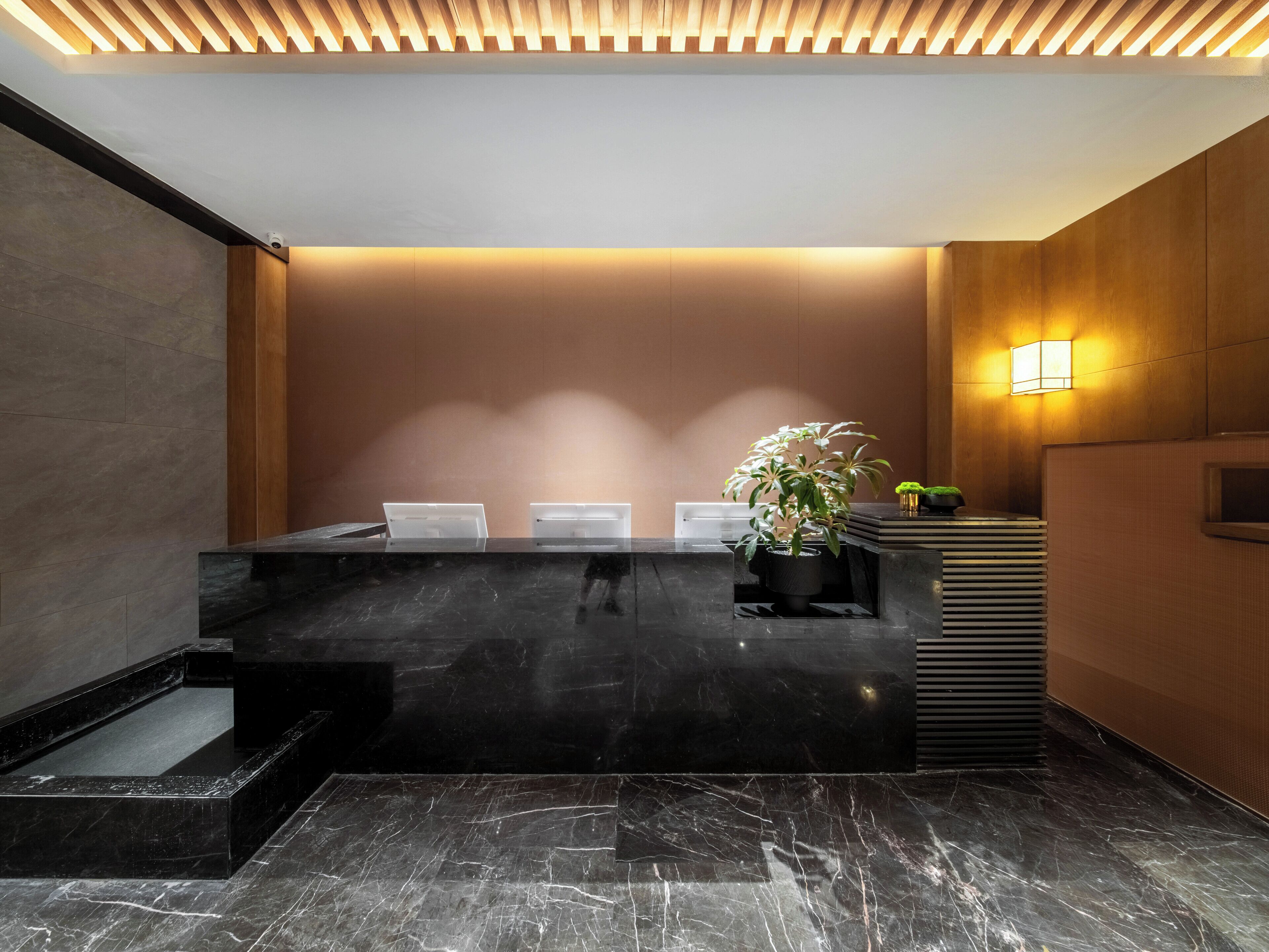 A modern reception area with a marble counter, a potted plant, and a wall-mounted light fixture.