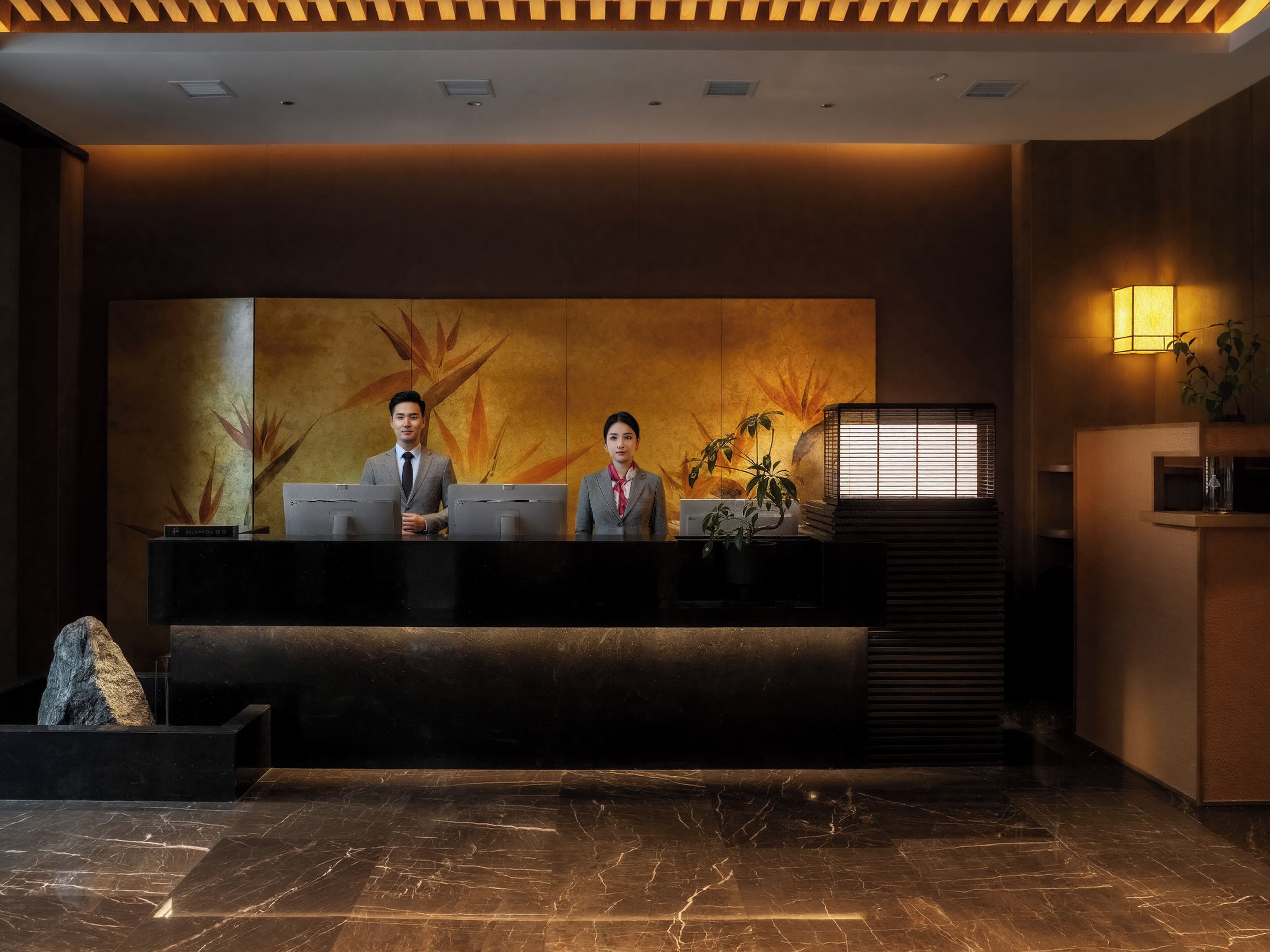 Un mostrador de recepción con dos empleados, un mural grande y un diseño de interiores moderno.