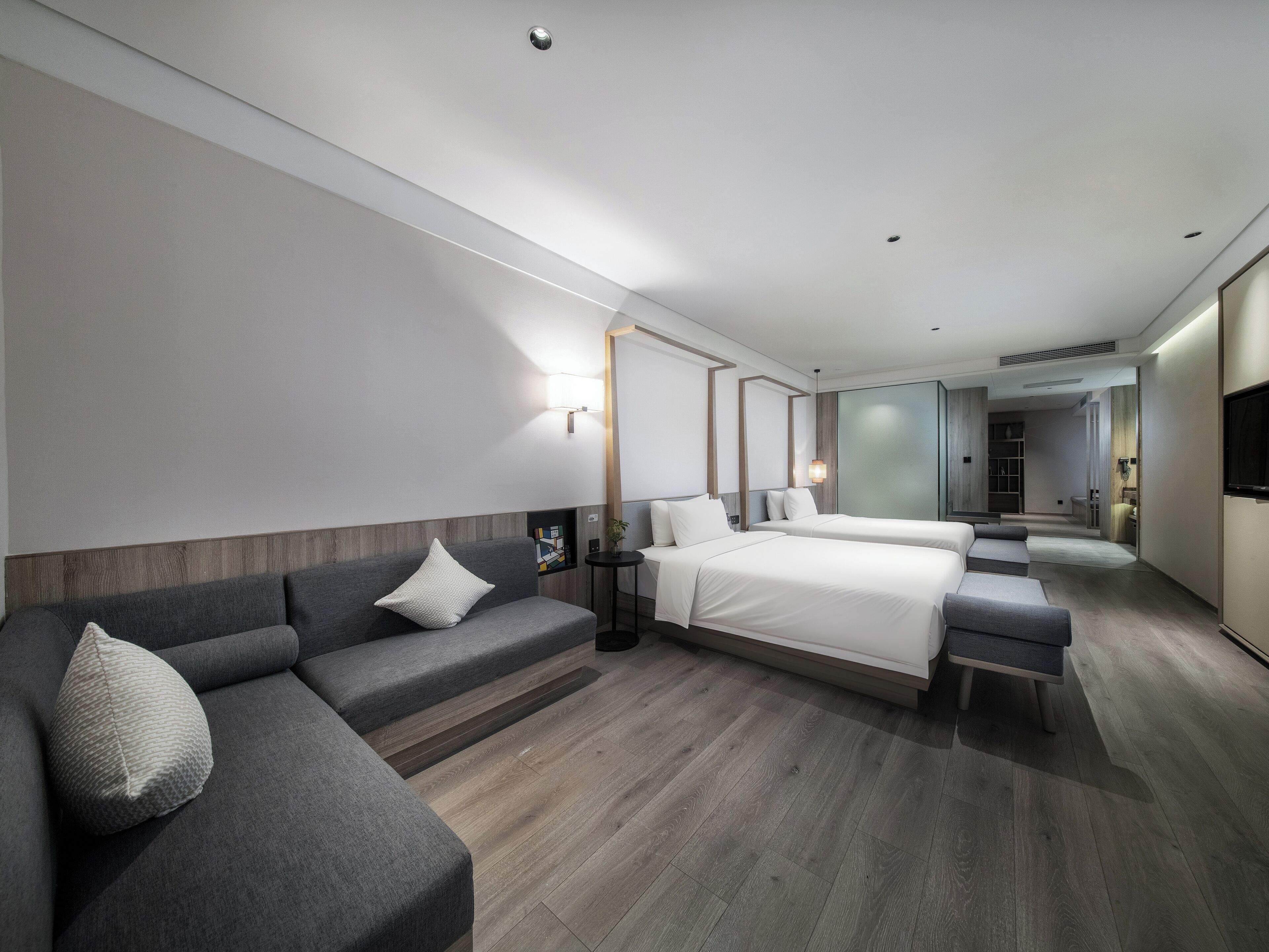 Desk, laptop workspace, blackout drapes, iron/ironing board