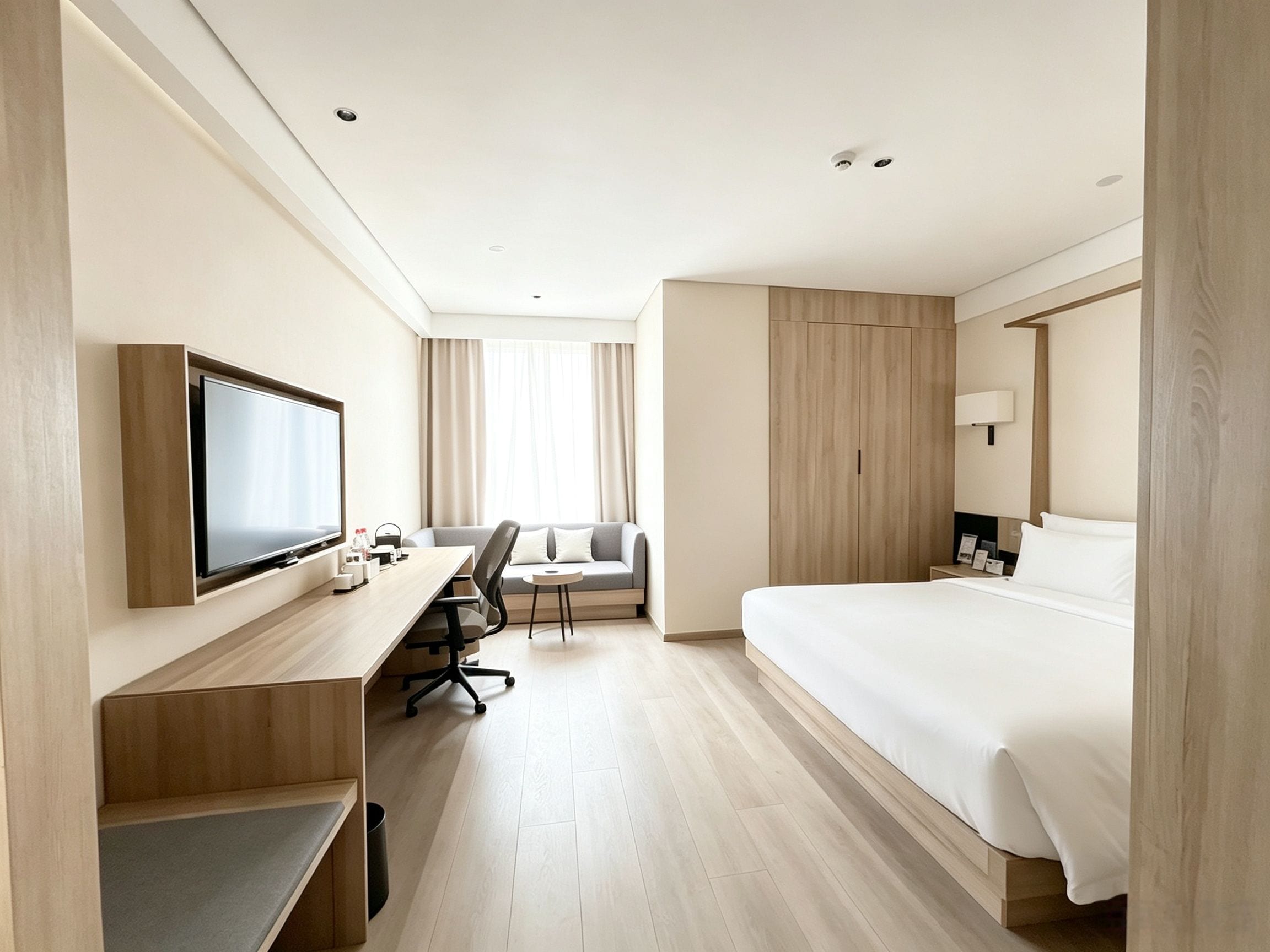 A hotel room with a bed, a desk with a chair, a television, and a window with curtains.