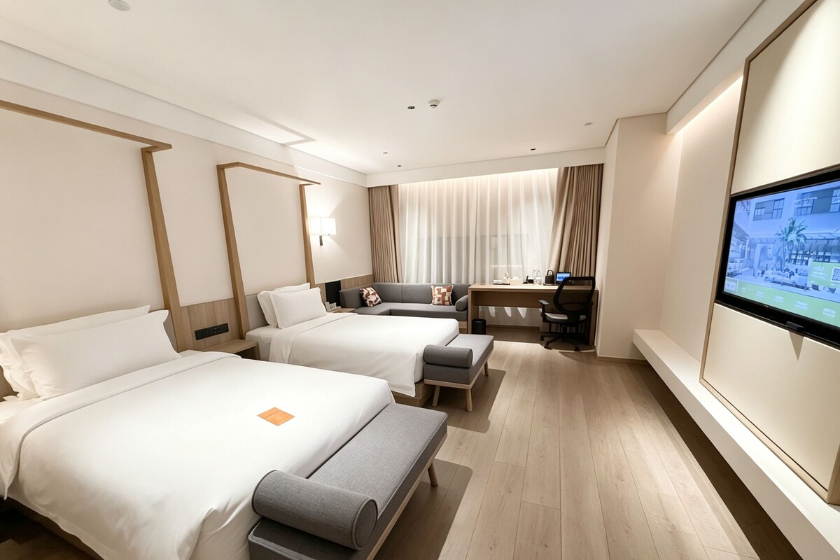 Concept Twin Bed Room | Desk, laptop workspace, blackout curtains