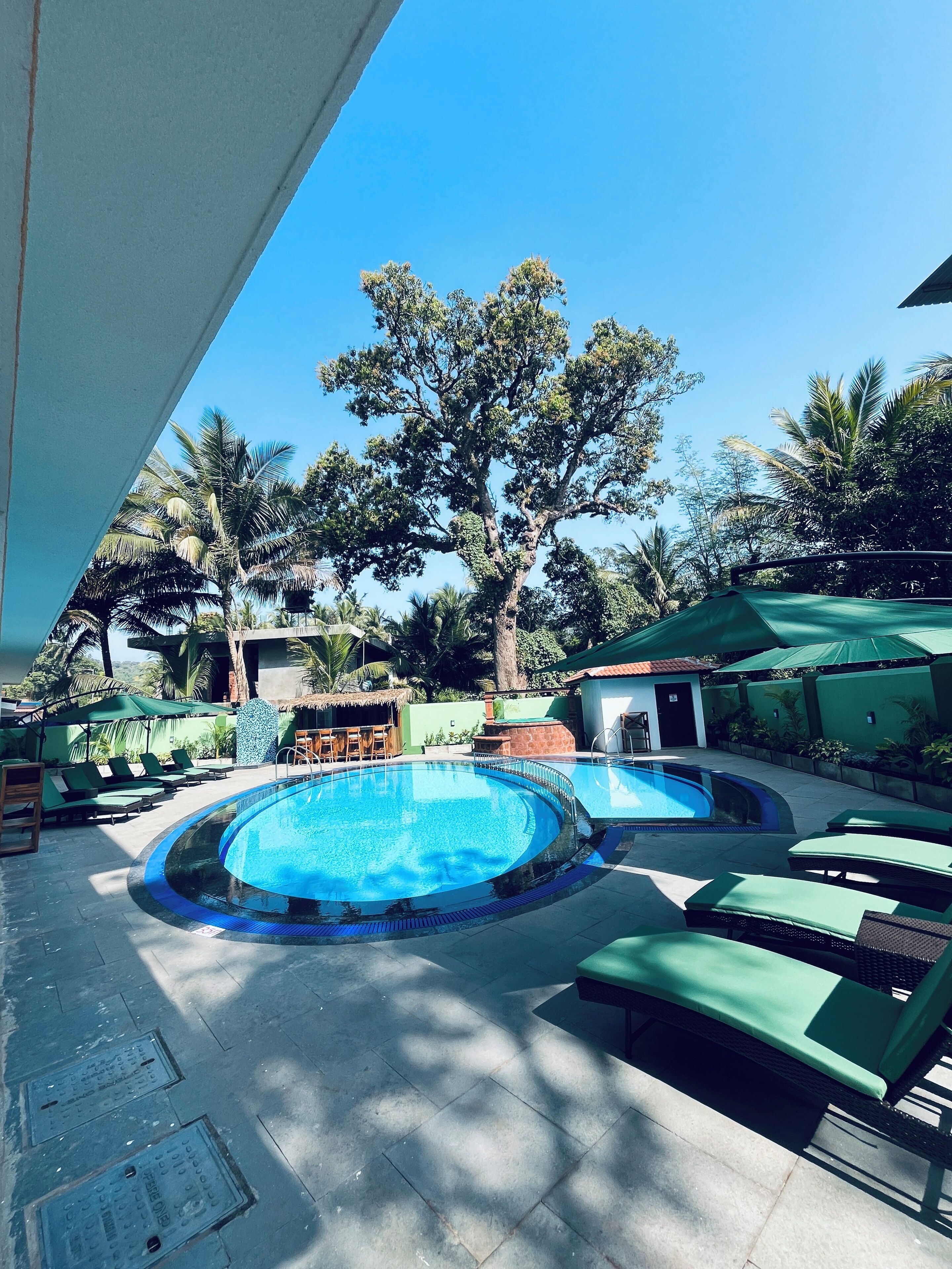 室外游泳池，提供泳池遮陽傘