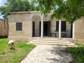 A building with a stone pathway leading to a set of steps, a bench, and a small animal in the foreground. - Quiet, secure villa with private pool and private beach close to leisure activities (Saly)