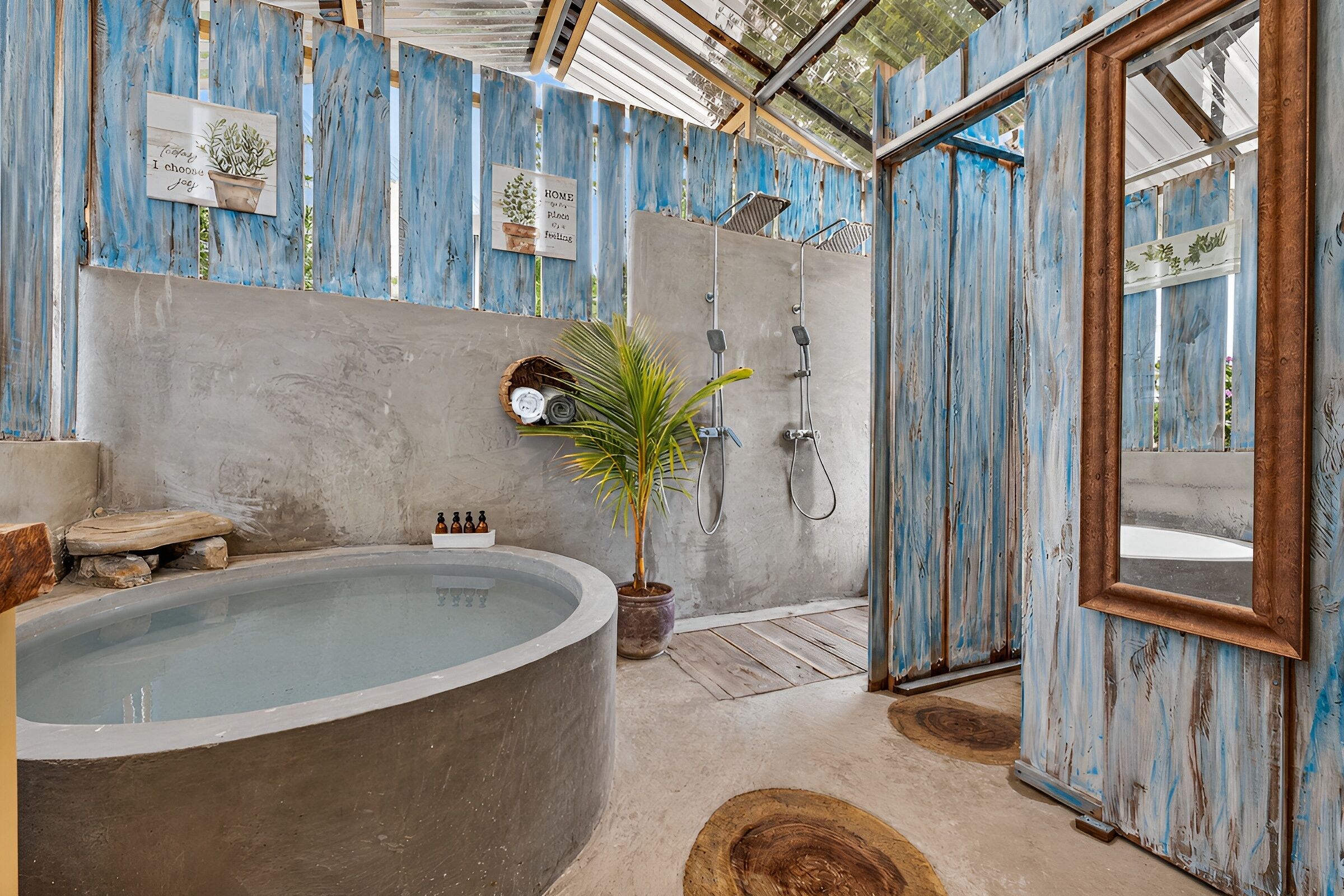 Shower, rainfall showerhead, towels