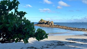 Egy sziklás kiemelkedéssel a távolban, tiszta égbolttal és zöld növényzettel a közelben rendelkező strand.