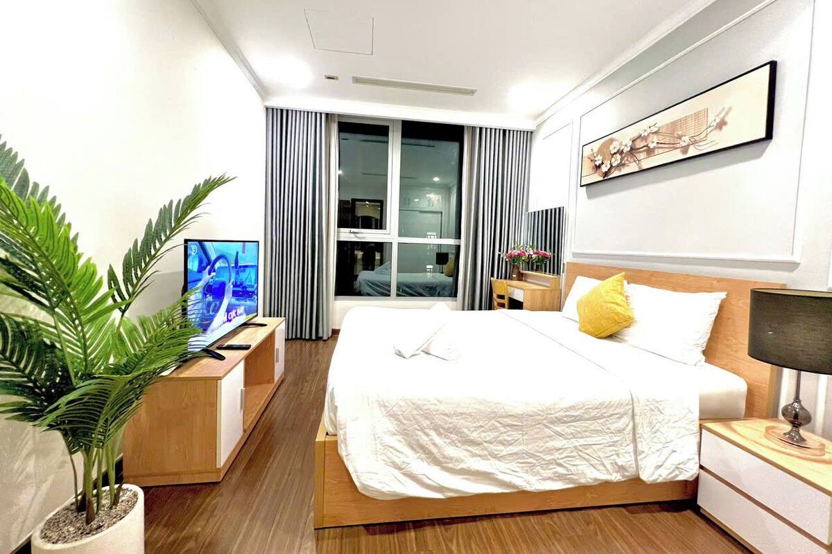 A modern hotel room with a large bed, a television, a desk, and a potted plant.