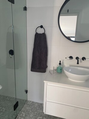 Douche, séchoir à cheveux, bidet, serviettes fournies