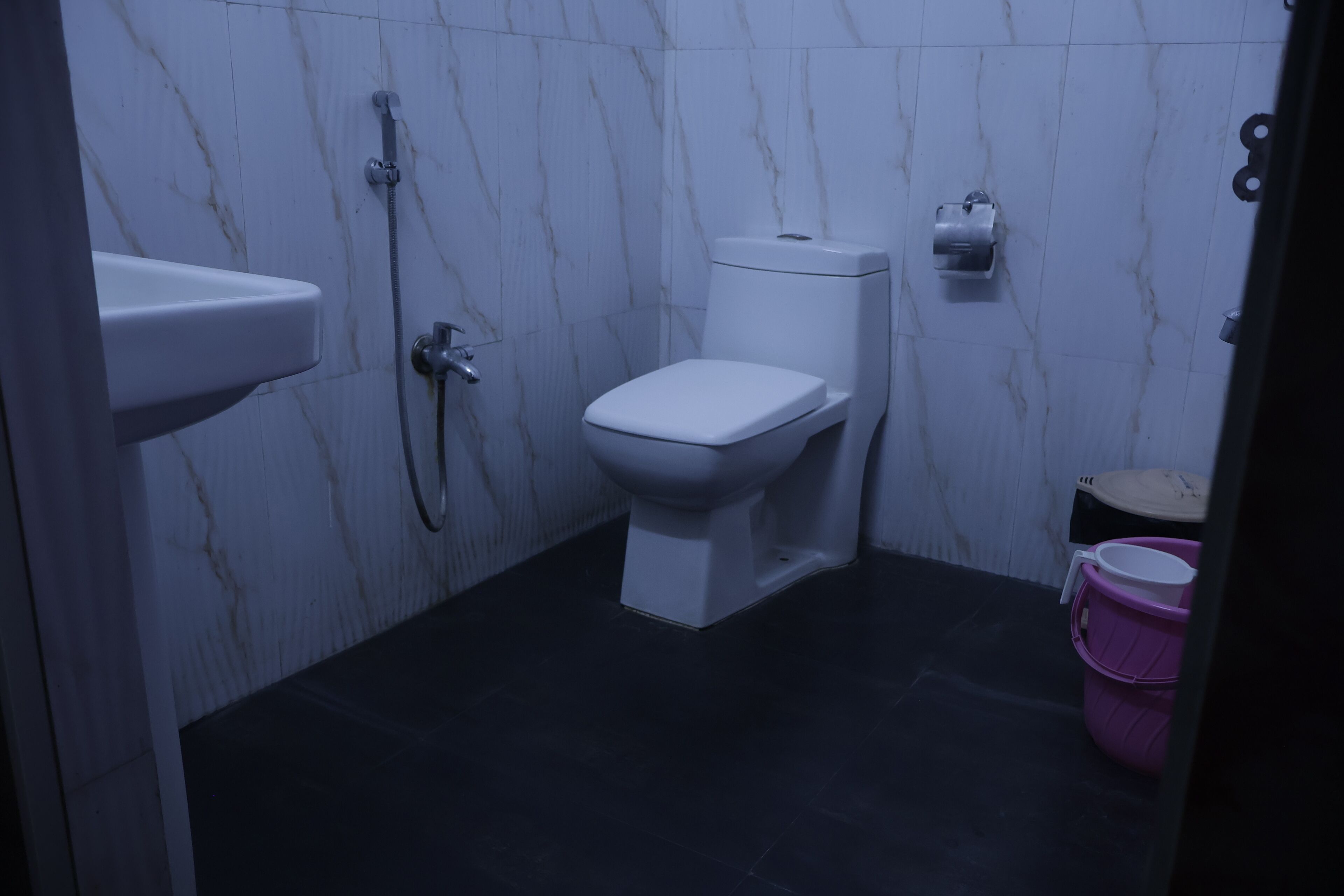 A bathroom with a toilet, a sink, and a shower.