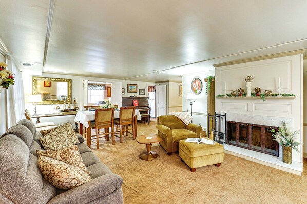 TV, fireplace, books