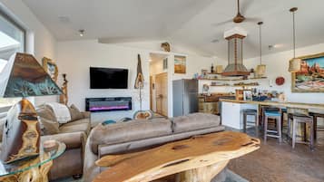 TV, fireplace, books