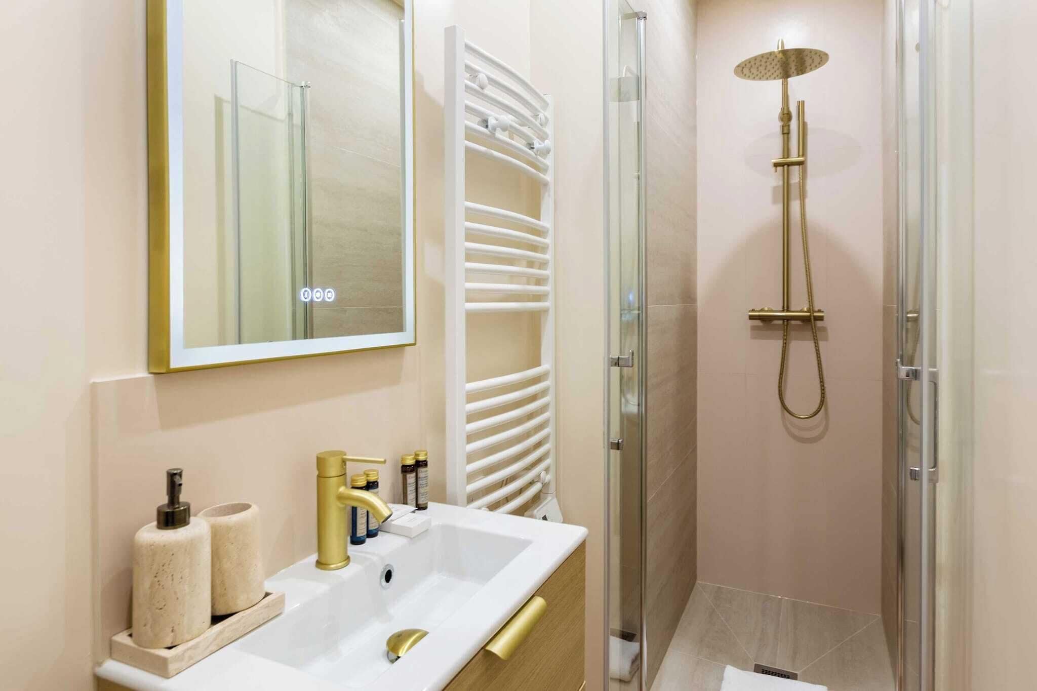 Shower, hair dryer, towels