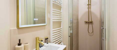 Shower, hair dryer, towels
