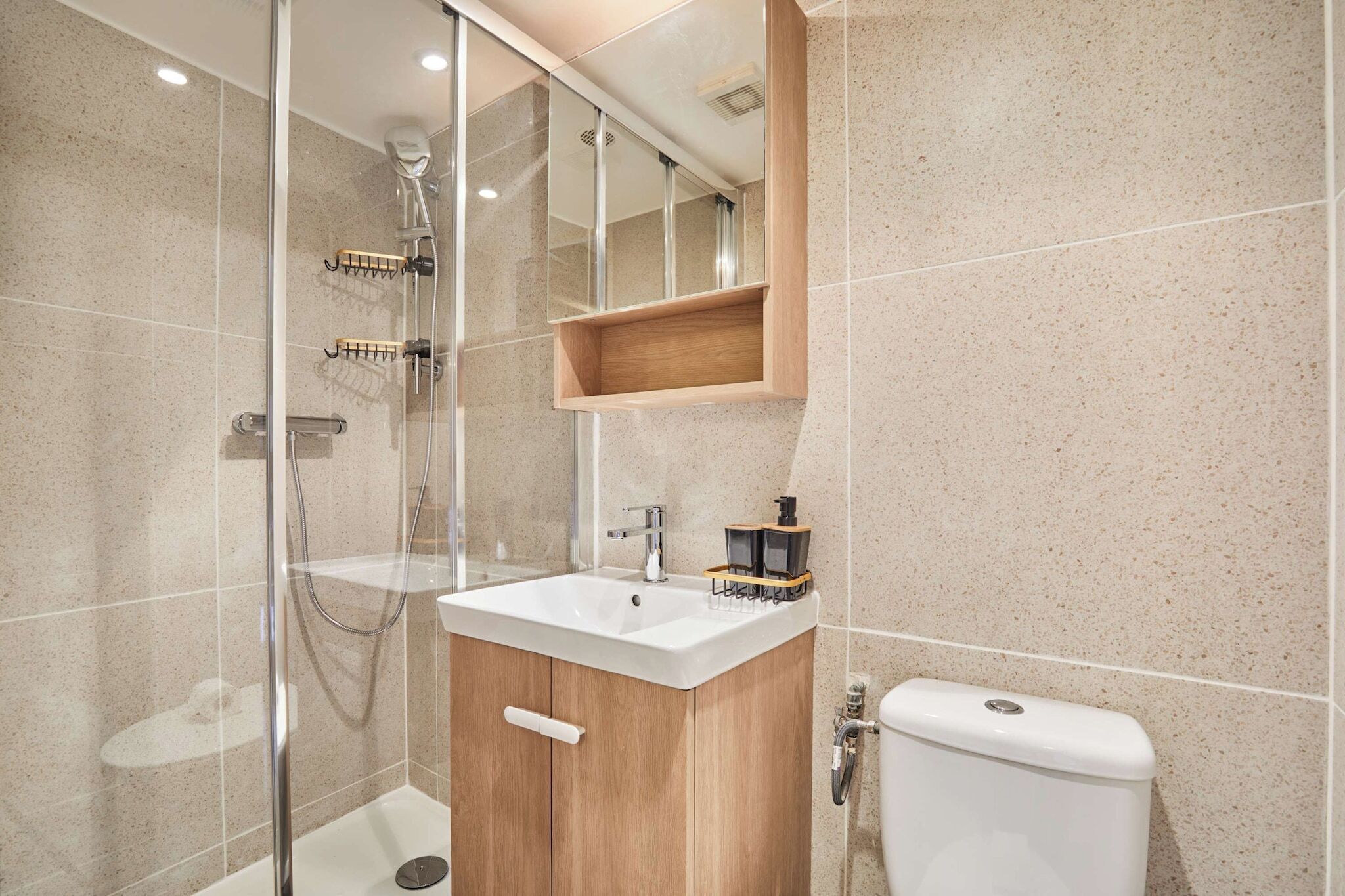 Shower, hair dryer, towels