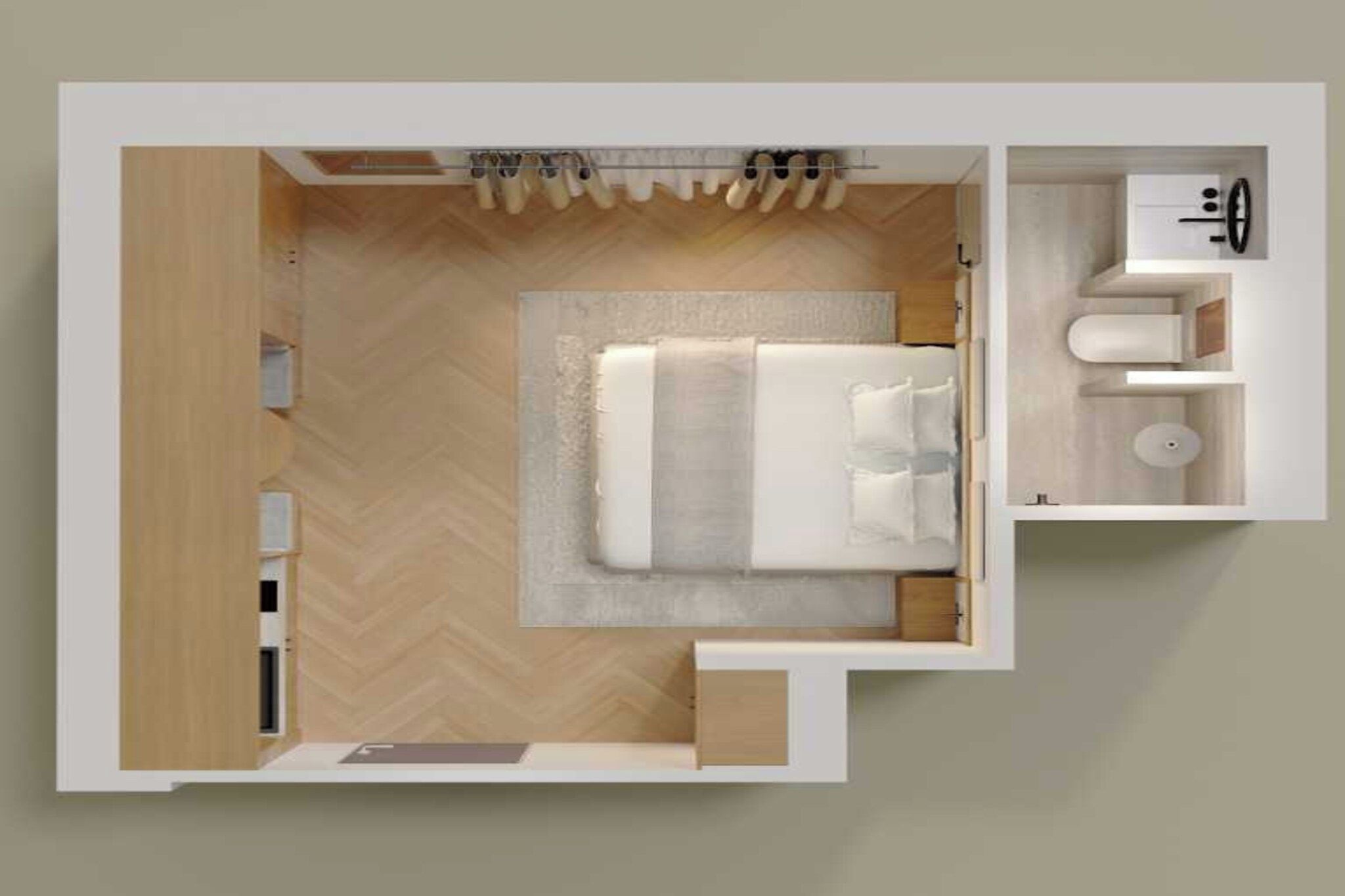 A modern hotel room with a bed, a small desk, a chair, a wardrobe, and a bathroom with a toilet and sink.