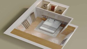 Un modelo 3D de un dormitorio con cama, mesitas de noche, armario y baño con ducha e inodoro.