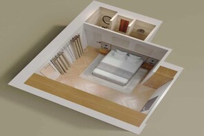 A 3D model of a bedroom with a bed, bedside tables, a wardrobe, and a bathroom with a shower and toilet. - Cosy and modern studio- Jardin de Luxembourg (Paris)