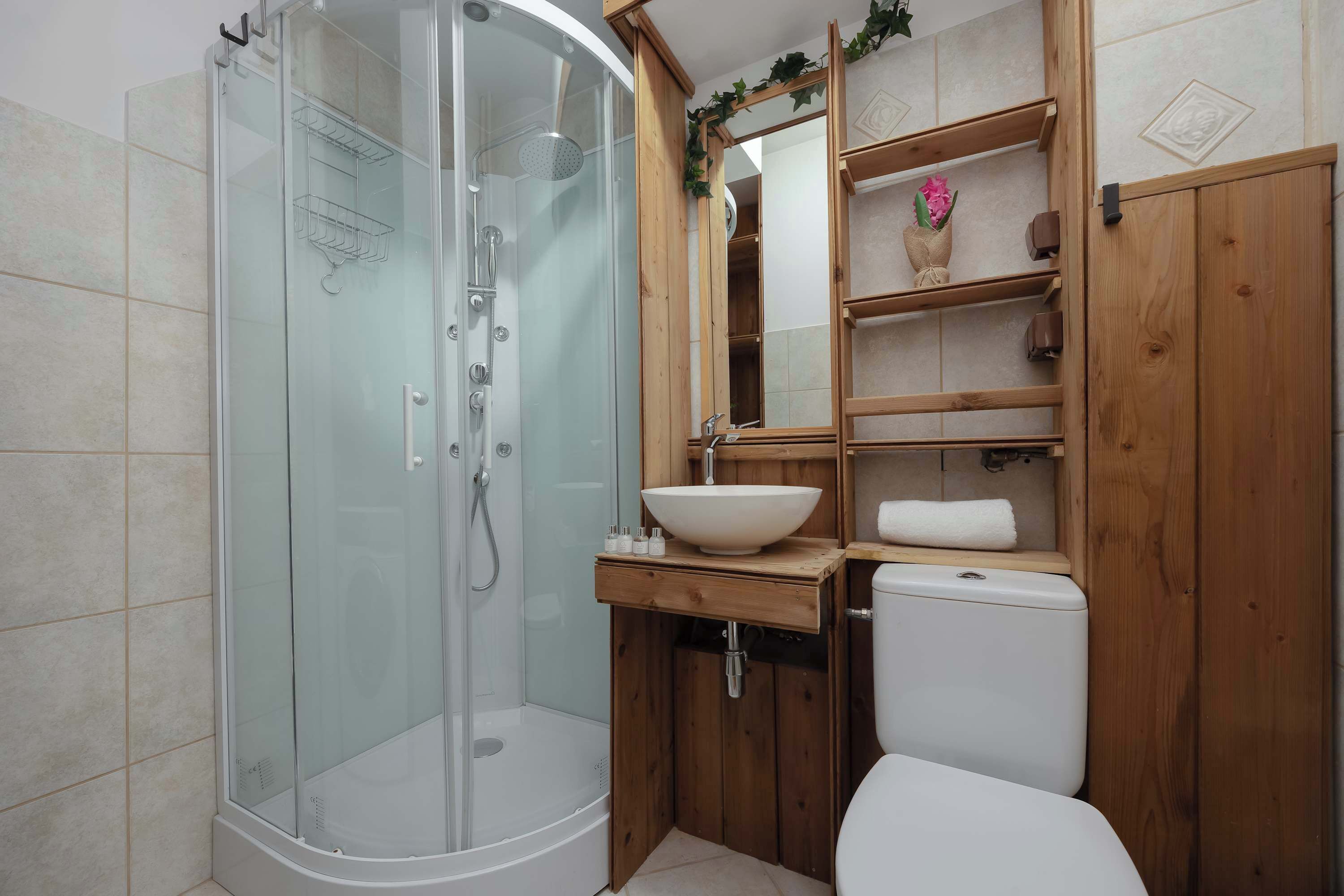 Shower, hair dryer, towels, shampoo