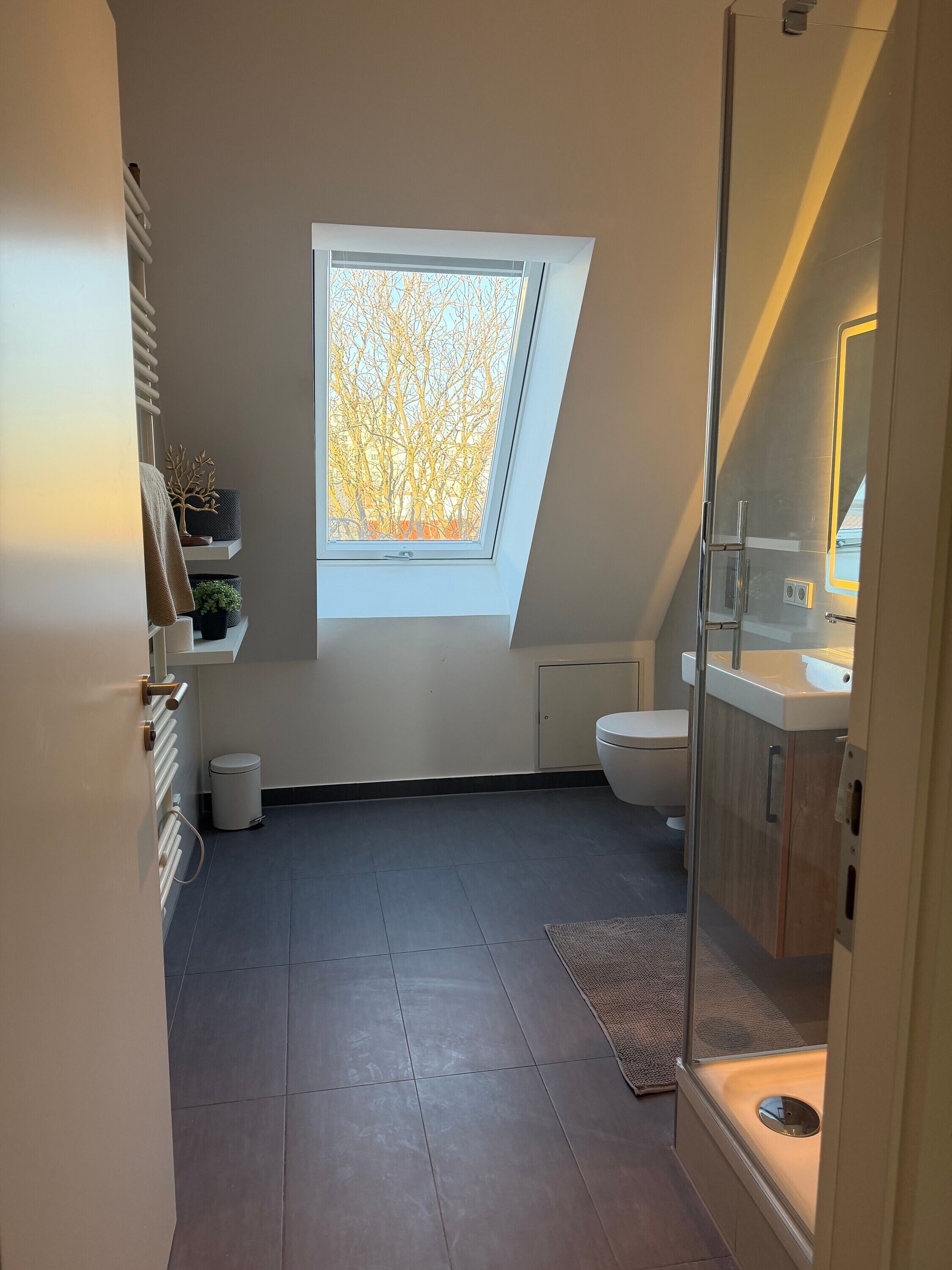 Dusch, hårtork och handdukar