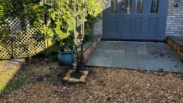 A garden with a potted tree, a stone pathway, and a grey double door. - Byways Apartments (Salisbury)