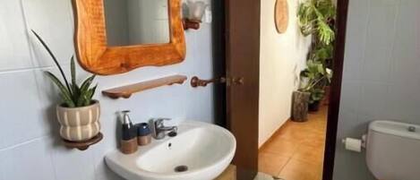 Un baño con tocador de madera, un lavamanos blanco y un espejo. Hay una planta en maceta a la izquierda y un inodoro visible a través de una puerta abierta.