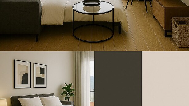 A modern hotel room with a bed, a desk, a chair, a round table, and a balcony with a view of the mountains. - Monti Como Lake apartament (Brunate)