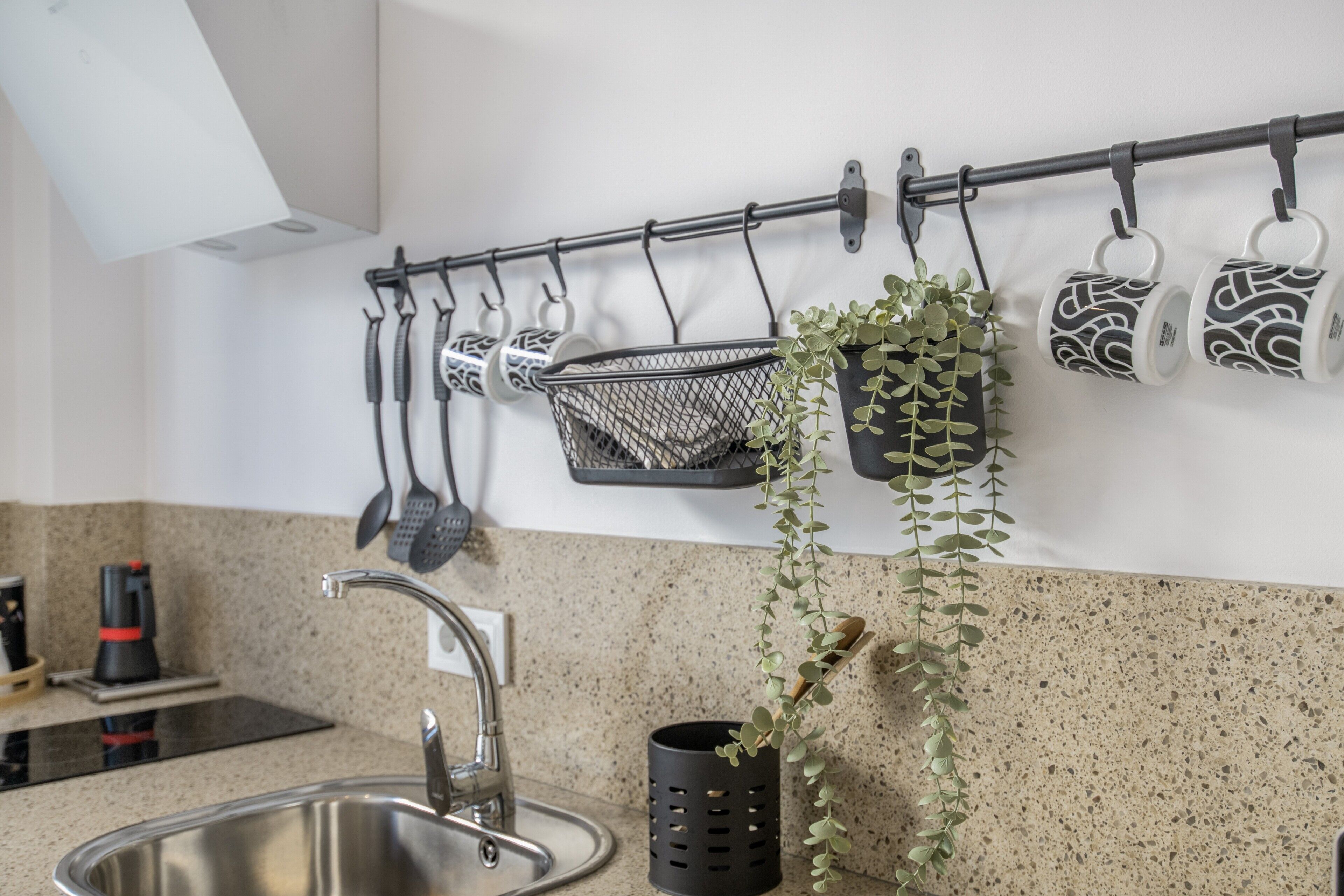A kitchen with a stainless steel sink, a black hanging rack with utensils, and a potted plant.