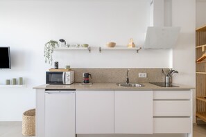 Kühlschrank, Mikrowelle, Herdplatte, Wasserkocher mit Kaffee-/Teezubehör