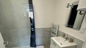 A bathroom with a glass shower enclosure, a white sink, and a mirror above it. - Les roses" studio: cosy and comfortable (Mulhouse)