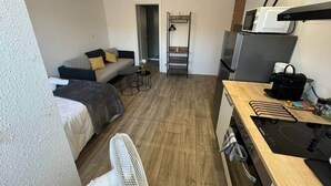 A compact room with a bed, a sofa, a fan, a kitchenette with a microwave, and a small table. - Les roses" studio: cosy and comfortable (Mulhouse)