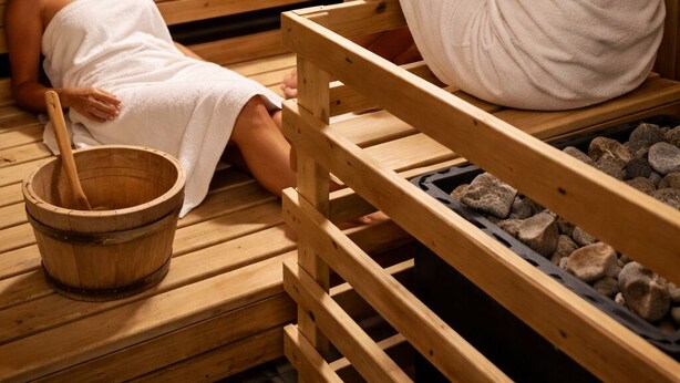 A sauna with wooden benches and a stone basin. - Designer apartment with mountain view up to 6Per Arber Osser SKI sauna kitchen garden (Hohenwarth)