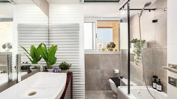 Hair dryer, towels, soap, toilet paper