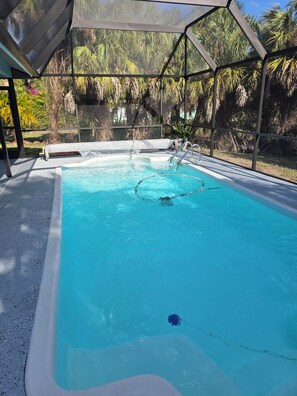 Ein Schwimmbecken mit klarem, blauem Wasser, umgeben von einer überdachten Fläche mit Metallgestell und Glasscheiben.