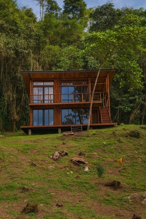A two-story wooden cabin with large windows and a balcony, surrounded by dense forest. - Cabin in native forest, waterfalls, hanging bridge, flora and fauna. (Verde el Chupal)
