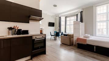 Deluxe Studio | Private kitchen | Fridge, microwave, oven, dishwasher