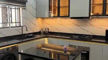 Economy Apartment, Balcony, City View | Private kitchen | Fridge, microwave, oven, stovetop