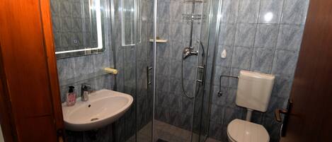 Shower, hair dryer, soap, toilet paper